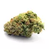 Close-up of dense cannabis bud with vibrant greens, pistils, and frosty trichomes.