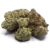 Close-up of dense, colorful cannabis buds with trichomes.