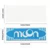 Blue and white rectangular labels with moon text and measurements.