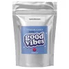 Silver pouch with blue label, text good vibes, cannabis strain northern kush.