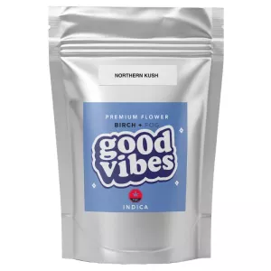 Silver pouch with blue label, text good vibes, cannabis strain northern kush.