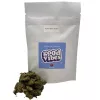 White bag with blue label and green cannabis buds in front.