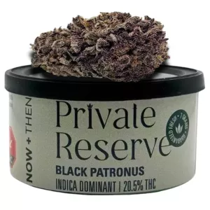 Private Reserve cannabis tin with Black Patronus strain and 20.5% THC, featuring a frosty bud.