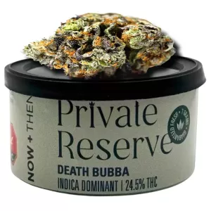 Premium Private Reserve Death Bubba cannabis container, Indica dominant, 24.5% THC, 7 grams.