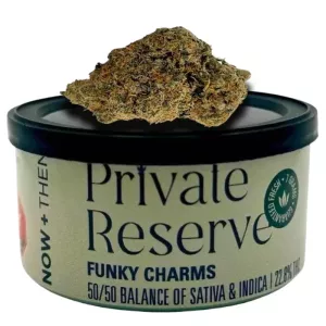 Premium cannabis Funky Charms bud on Private Reserve container, 22.9% THC, 7 grams.