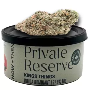 Premium Private Reserve cannabis tin with vibrant indica flower, 22.8% THC, 7 grams freshness.