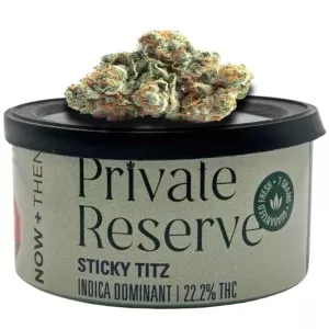 Premium cannabis tin, Sticky Titz strain with 22.2% THC, indica dominant, sealed fresh.