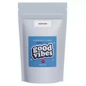 Gray packaging with a blue label, featuring text good vibes and sour kush.