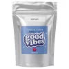 Silver pouch with blue label, good vibes logo, and product information.