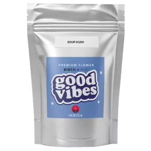 Silver pouch with blue label, good vibes logo, and product information.