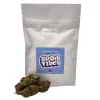 White bag with blue label, text good vibes, and cannabis buds.