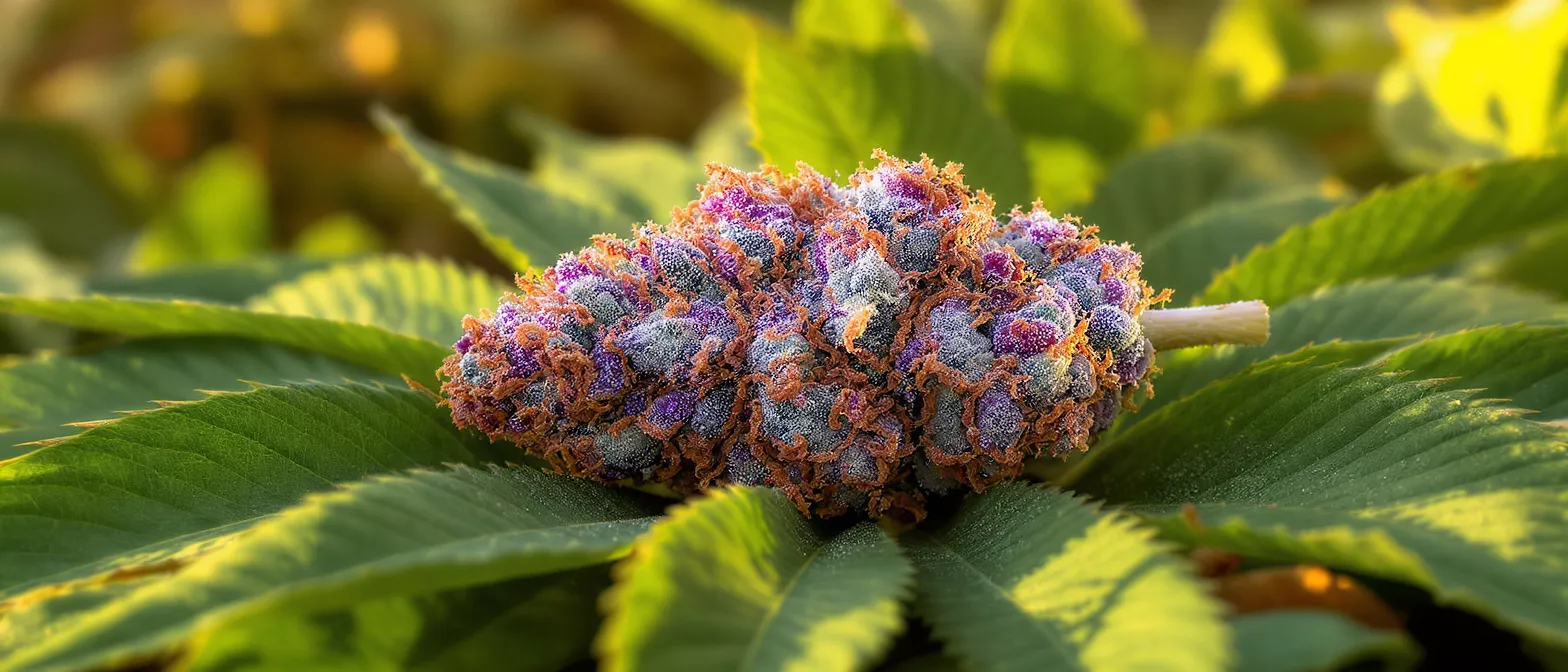 Close-up of a vibrant purple and orange cannabis bud resting on green leaves.