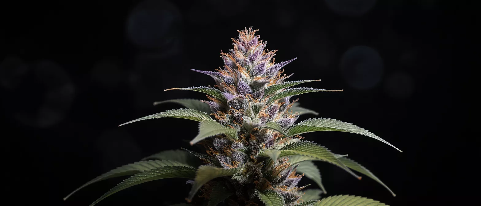 Close-up of a vibrant purple and green cannabis bud against a dark background.