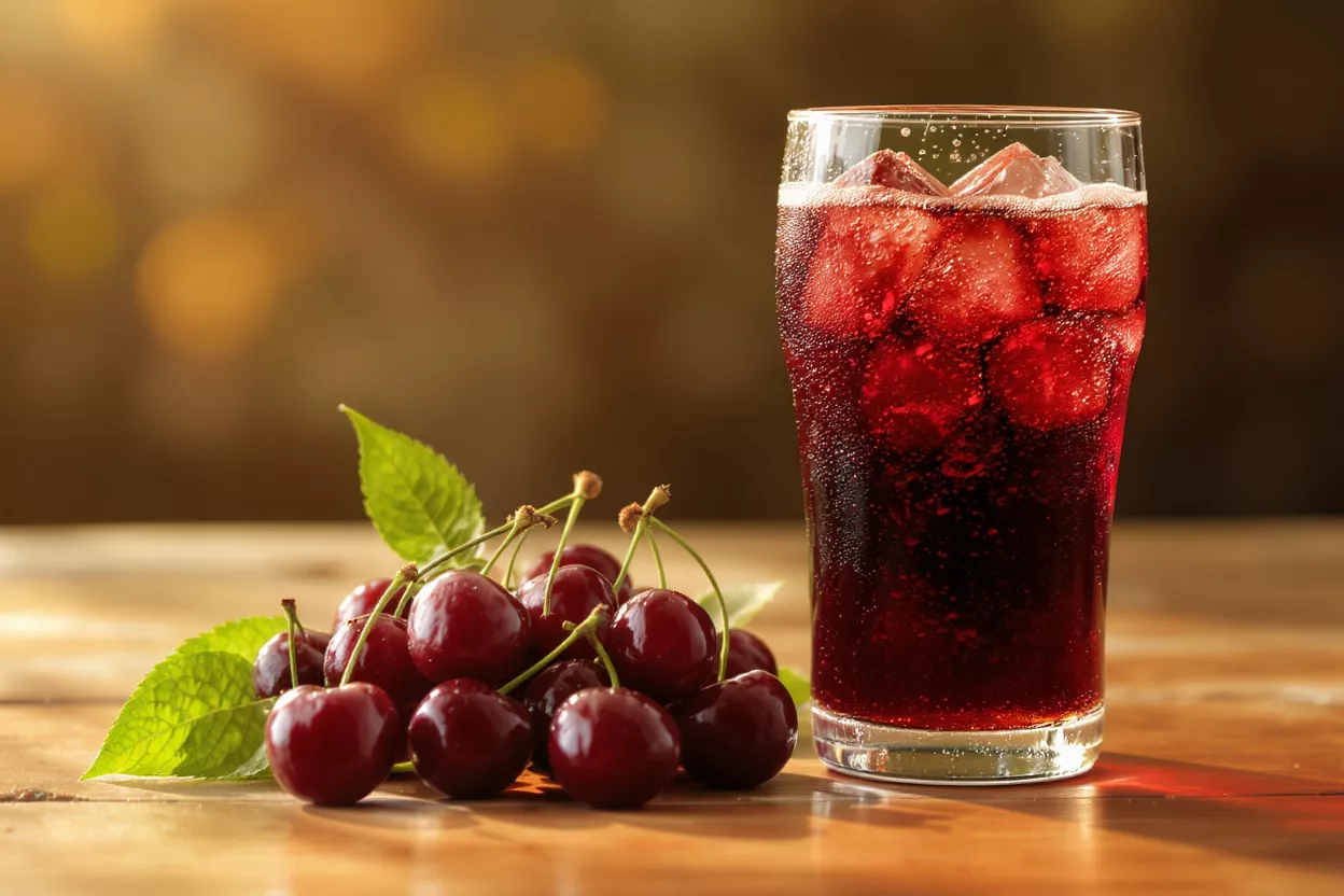 A glass of iced cherry drink next to a pile of fresh red cherries.