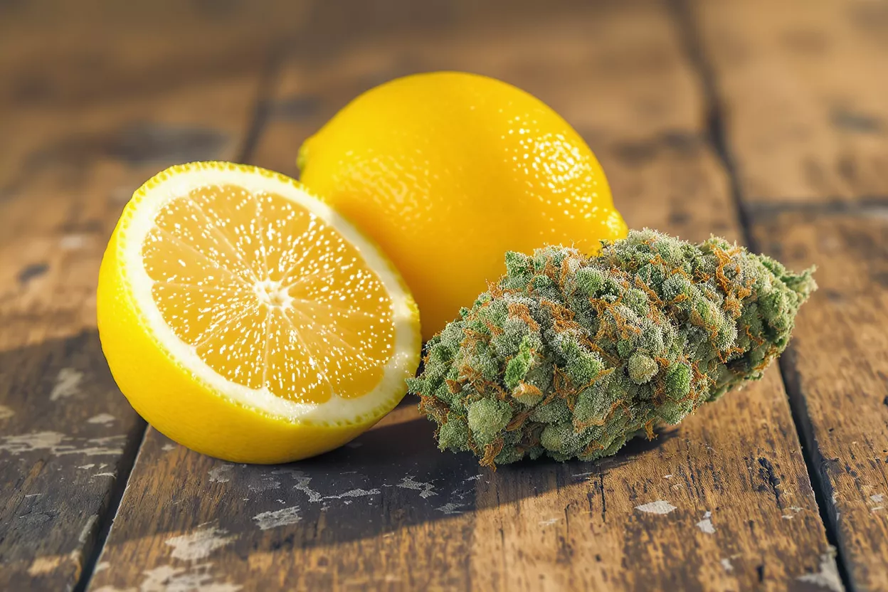 Un bouton de cannabis vert vif à côté d'un citron entier et d'un citron coupé en deux sur du bois.