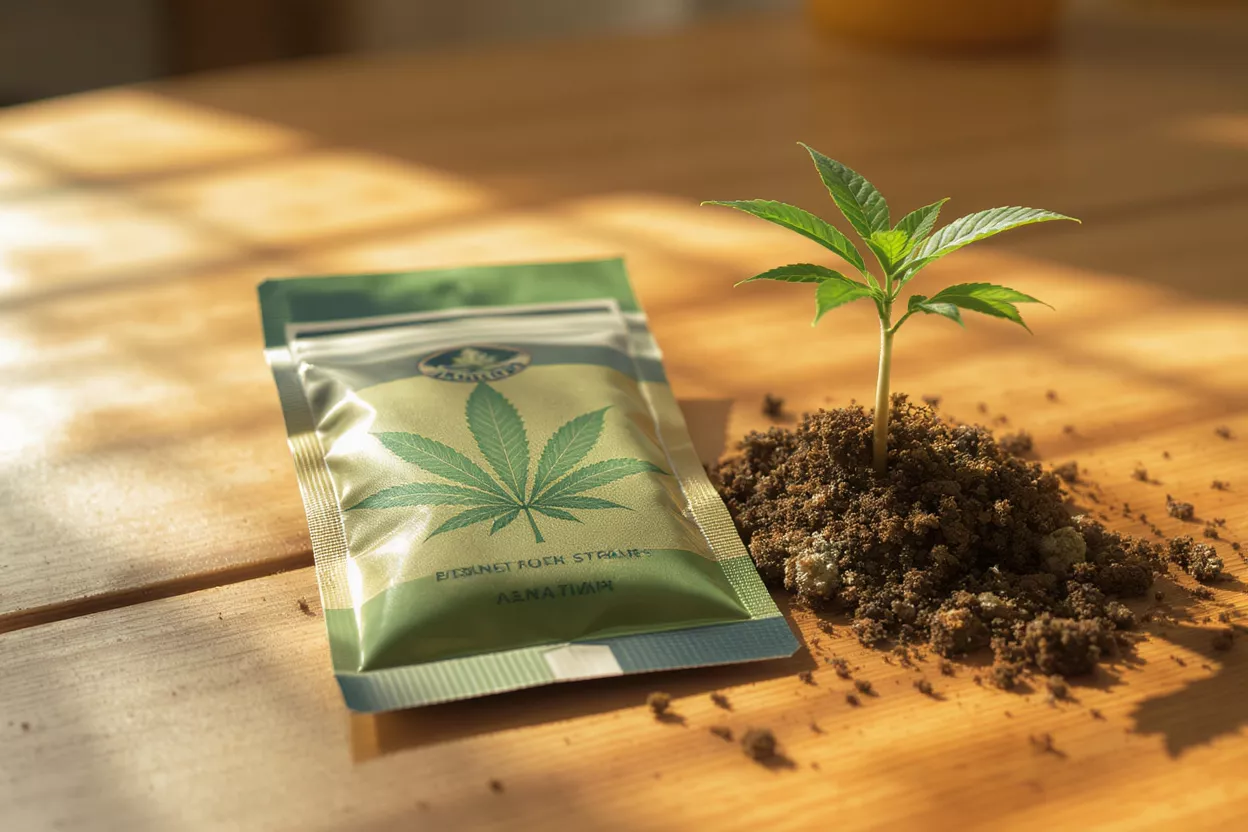 Sachet de graines de cannabis à côté d'une jeune plantule de cannabis poussant dans du sol sur une table en bois.
