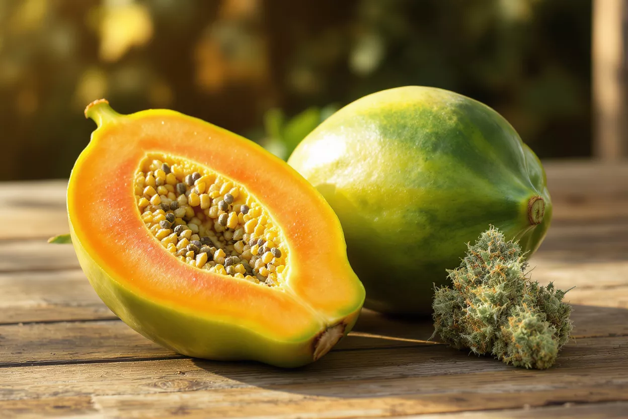 Half and whole papayas with a cannabis bud on a wooden table.