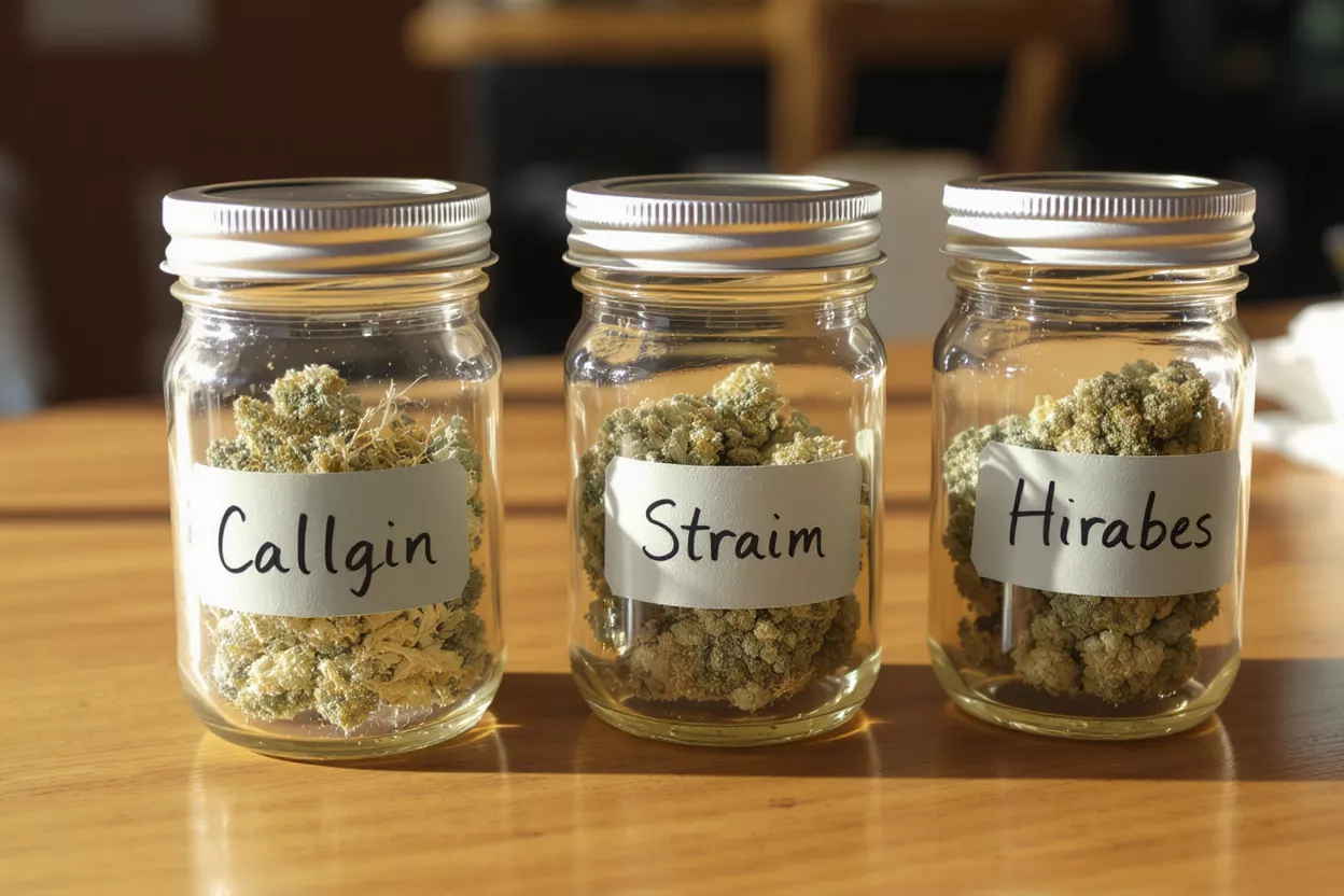Three glass jars filled with cannabis buds, labeled Callgin, Straim, and Hirabes.
