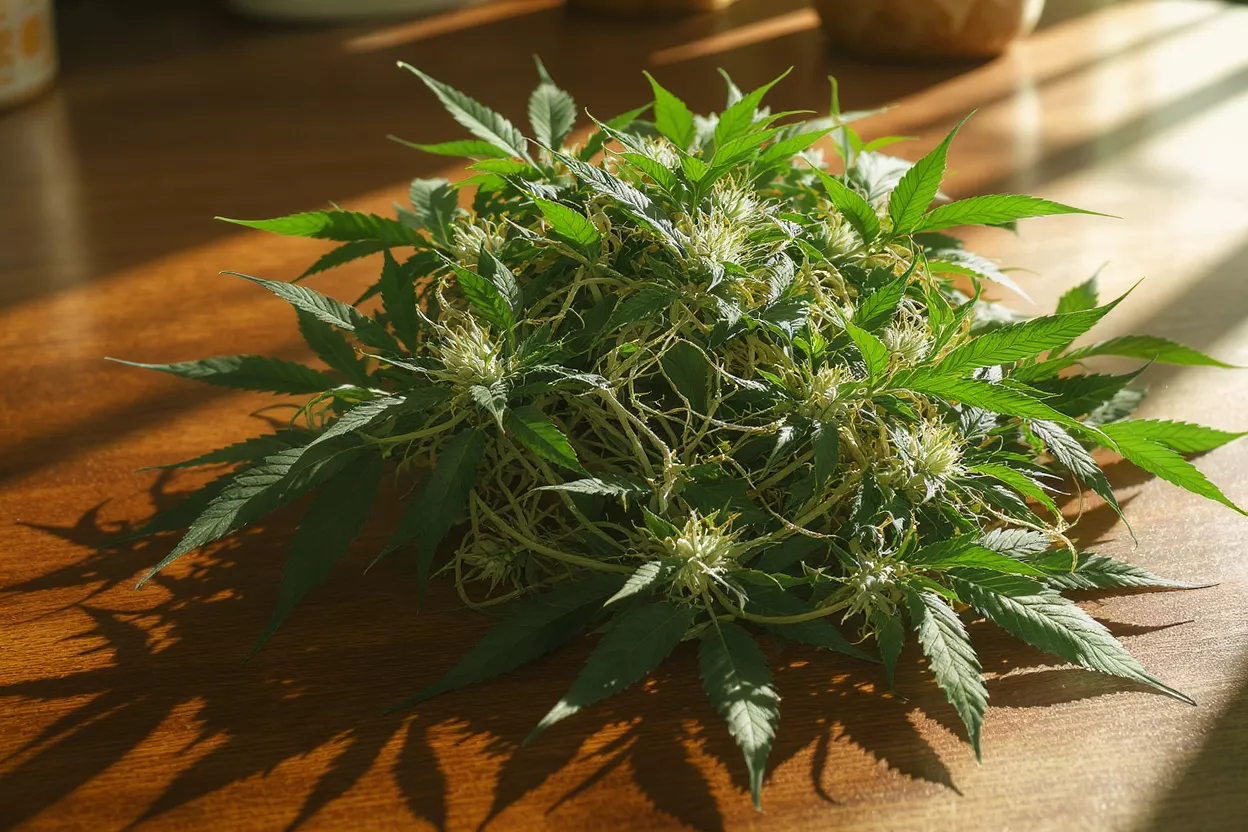 Close-up of freshly harvested cannabis buds and leaves on a wooden table.