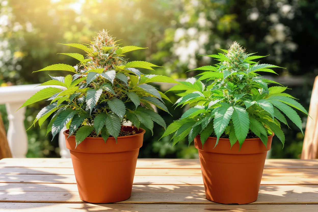 Two vibrant cannabis plants in brown pots on a wooden table outdoors.