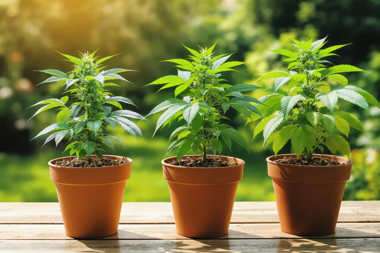 Three vibrant green cannabis plants in terracotta pots on a wooden surface.
