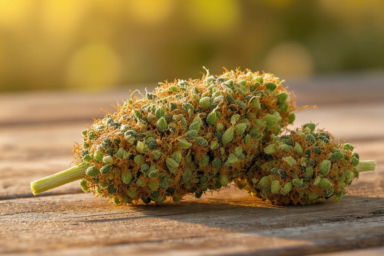 Two vibrant green and orange cannabis buds resting on a rustic wooden surface.
