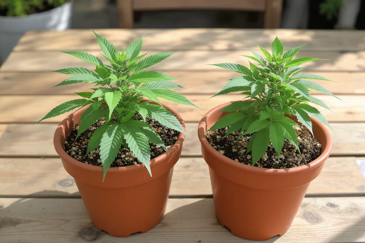 Two vibrant green cannabis plants in brown pots on a wooden table.