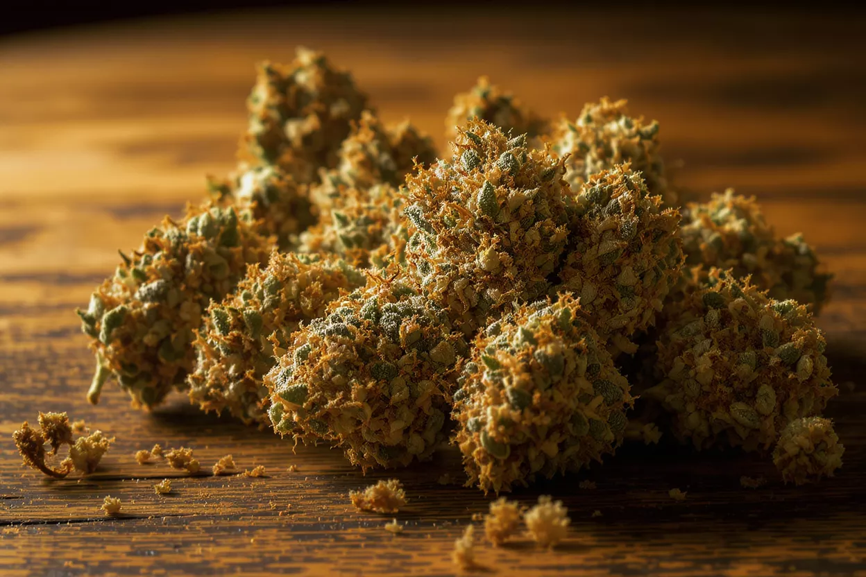 Close-up of cannabis buds with orange hairs and trichomes on a wooden surface.