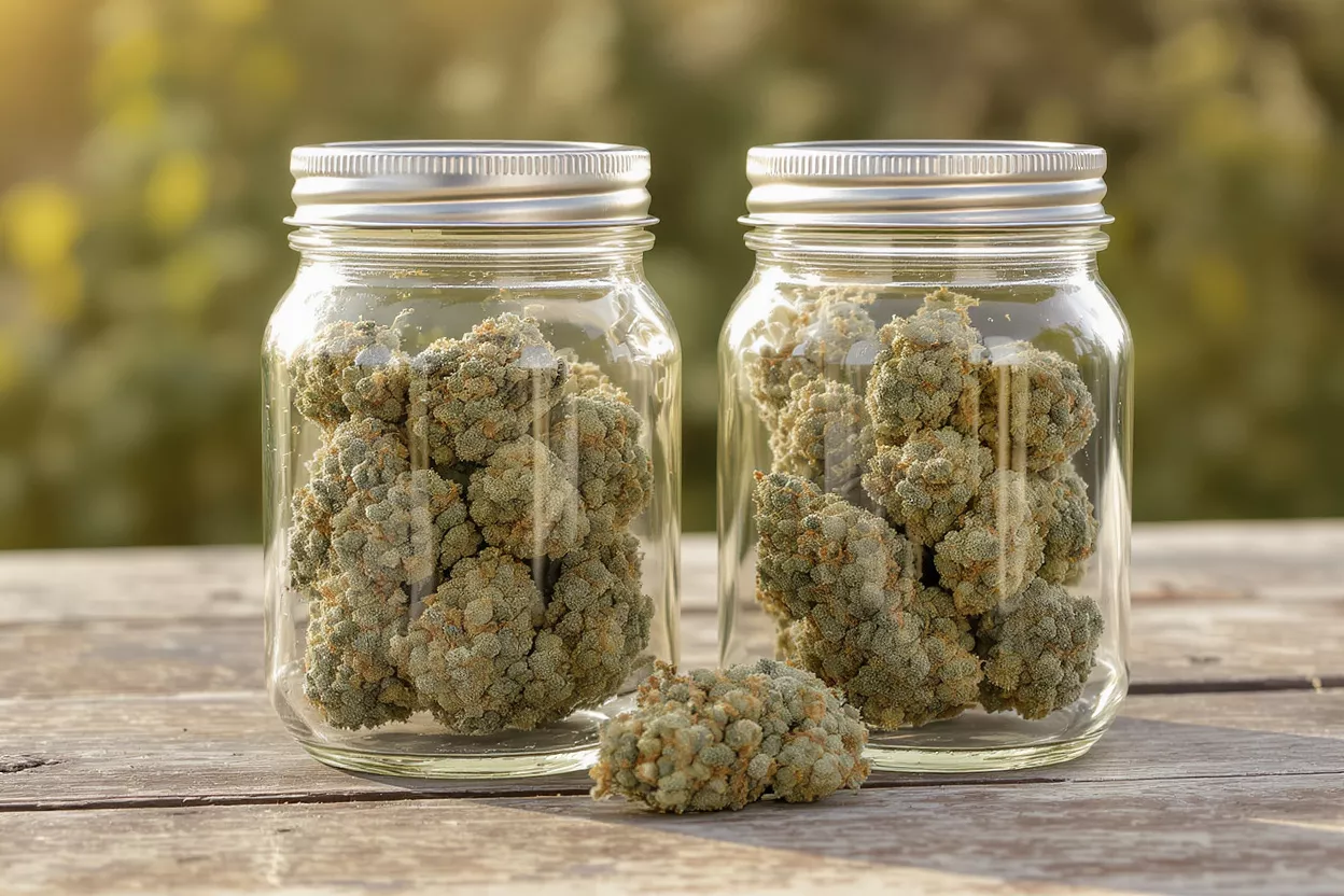 Two glass jars filled with cannabis buds on a wooden table outdoors.