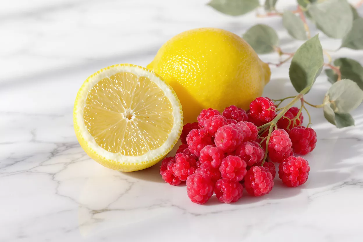 Bright yellow lemon, half-cut lemon, and red raspberries on a white marble surface.