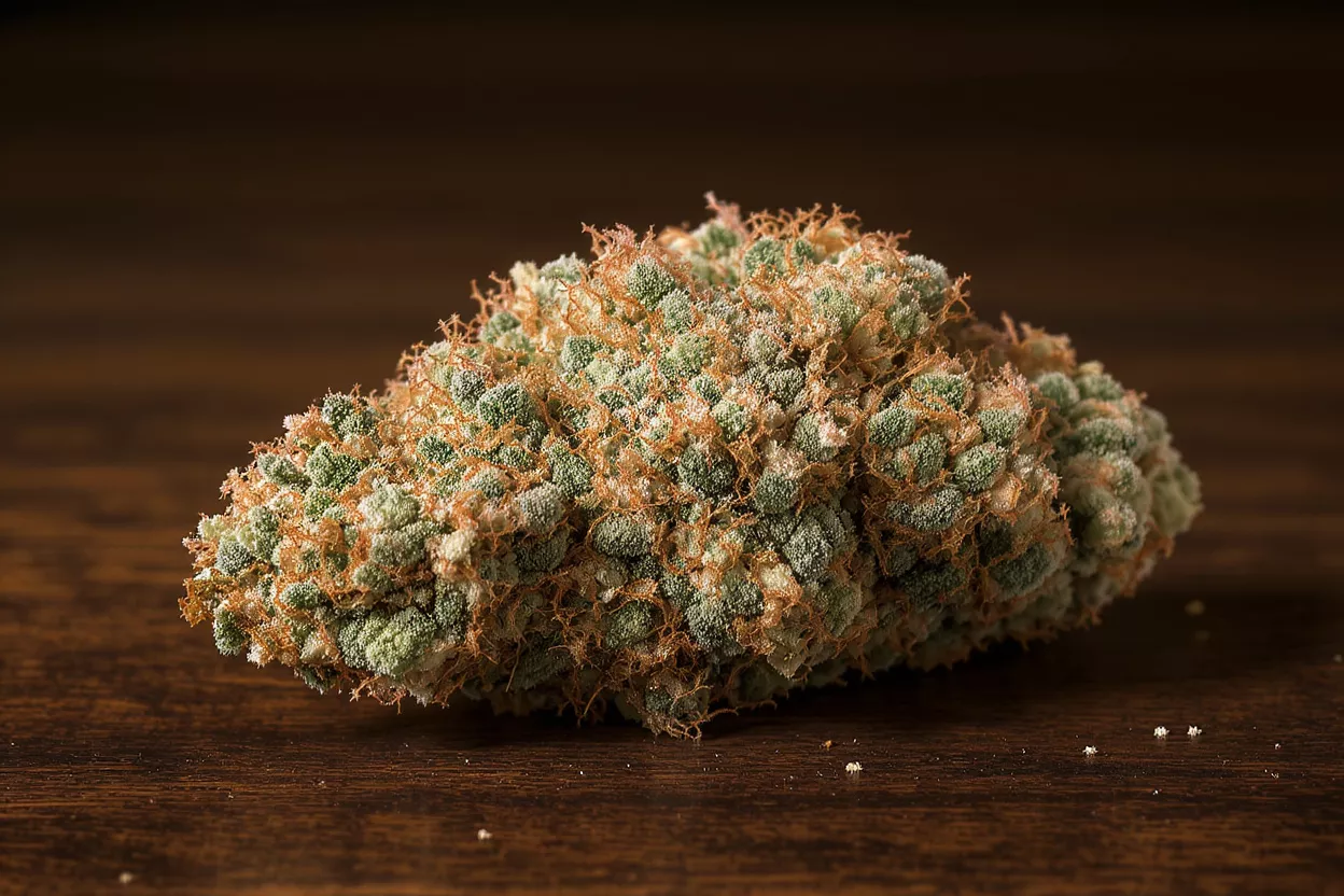 Close-up of a cannabis bud with trichomes and orange hairs on a wooden surface.