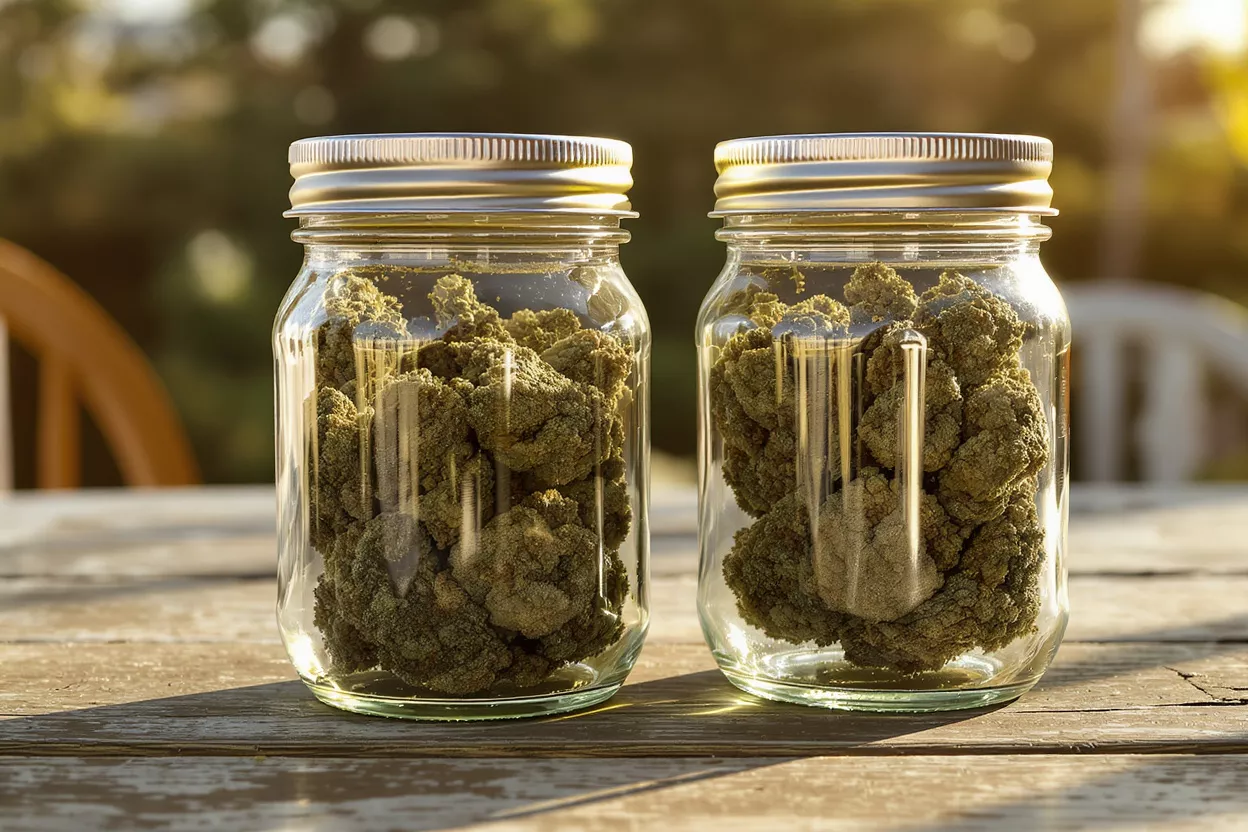 Two glass jars filled with cannabis buds on a wooden table outdoors.