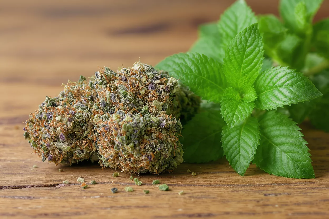 Two cannabis buds with fresh mint leaves on a rustic wooden surface.