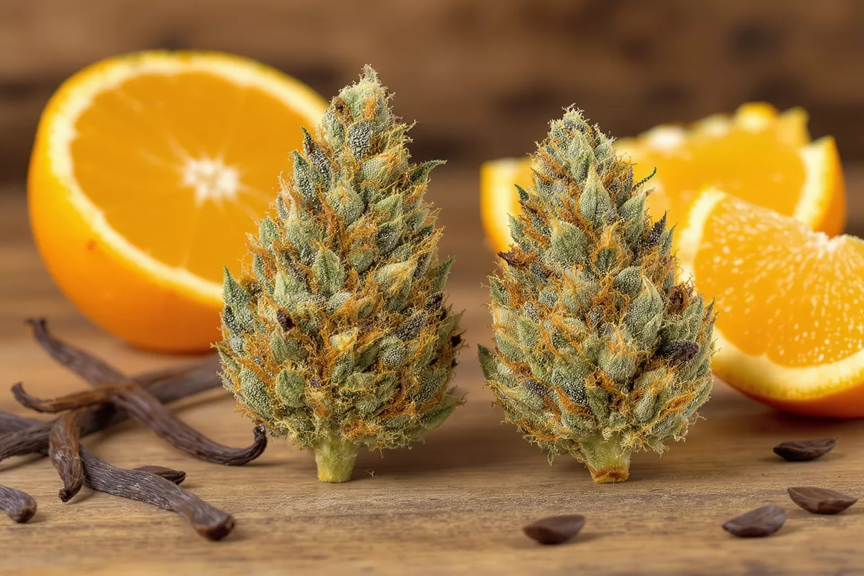 Two cannabis buds with orange slices, vanilla beans, and cacao nibs on wood.