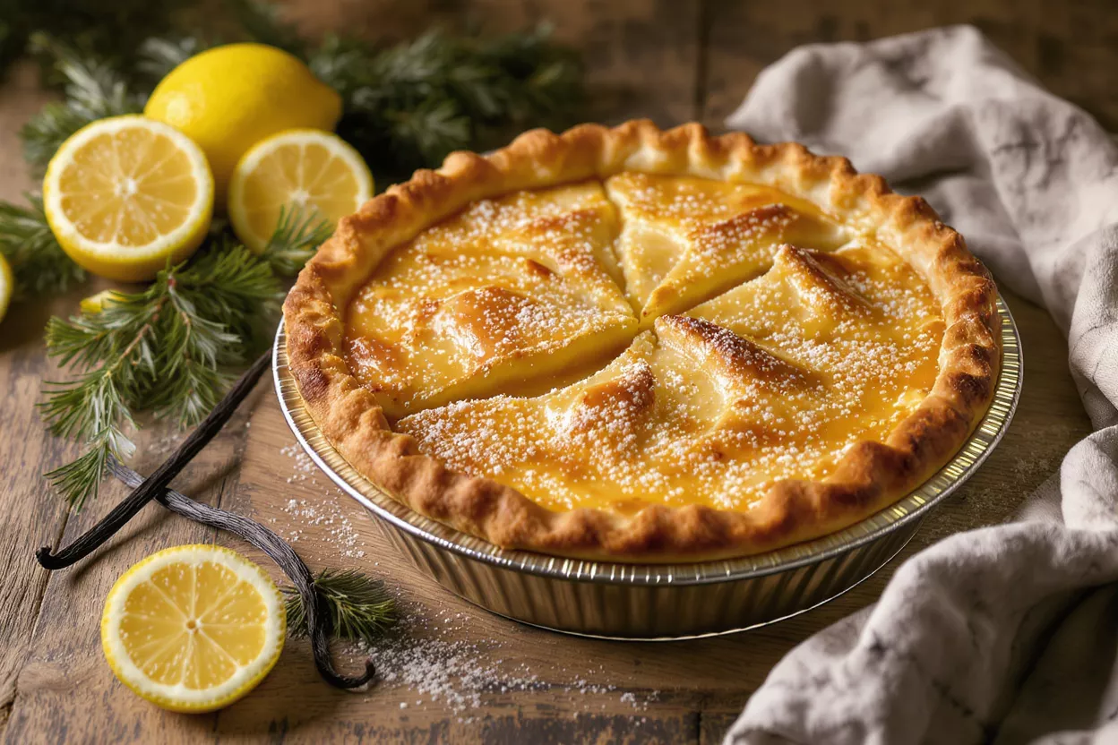 Delicioso pastel de limón con vainas de vainilla, limones frescos y ramitas de pino sobre una mesa de madera.