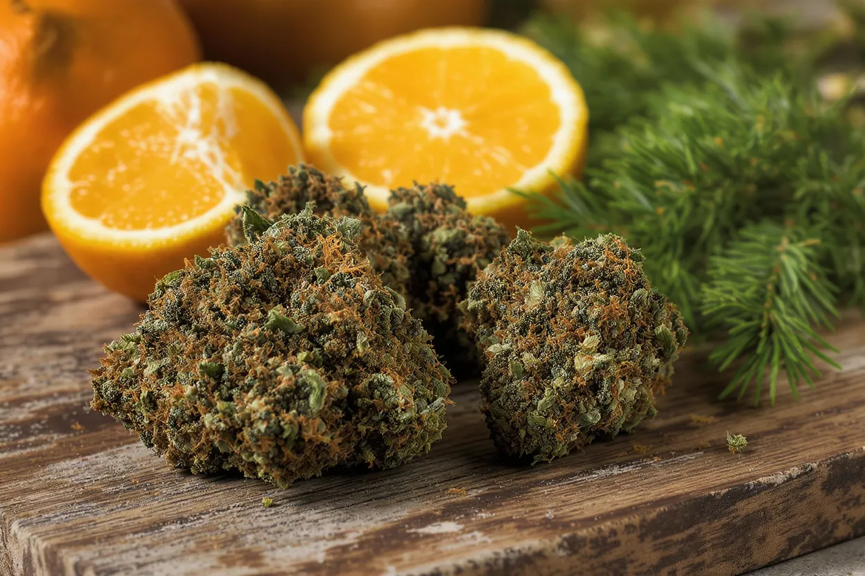 Close-up of cannabis buds, sliced oranges, and pine needles on a wooden board.