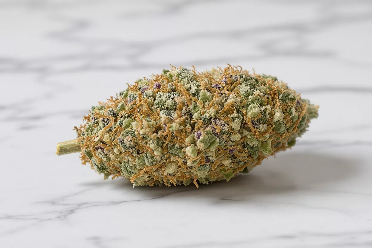 Close-up of a vibrant cannabis bud on a white marble surface.