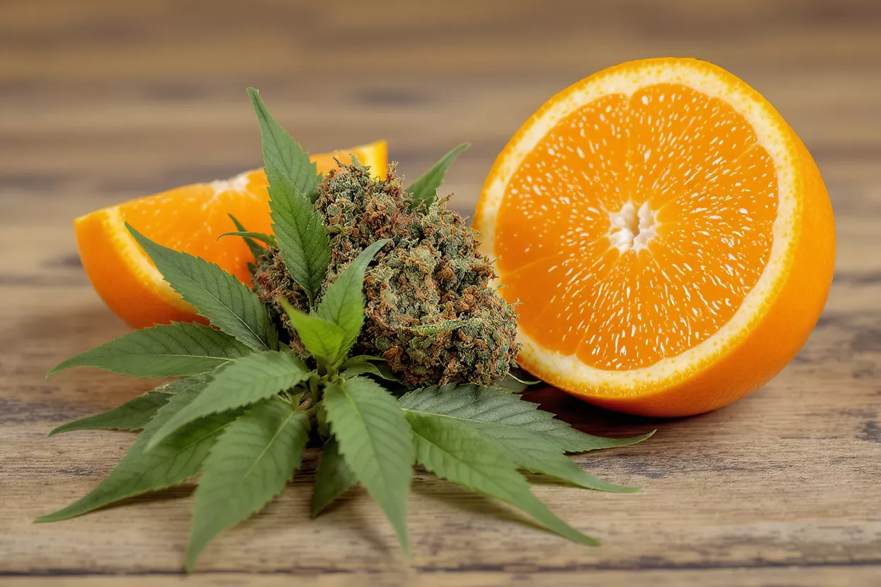 Cannabis bud with green leaves and sliced oranges on a wooden surface.