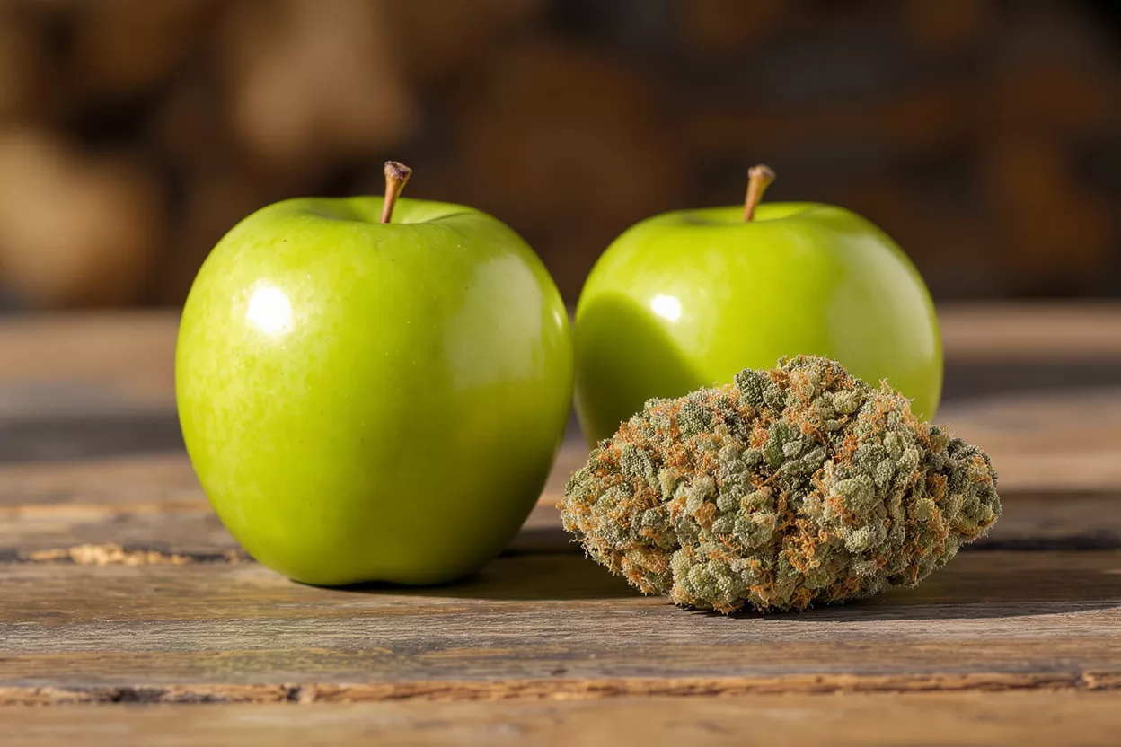 Two green apples and a cannabis bud on a rustic wooden surface.