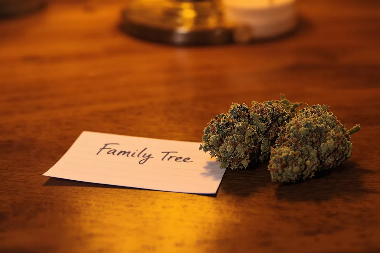 Two cannabis buds next to a note card with "Family Tree" written on it.