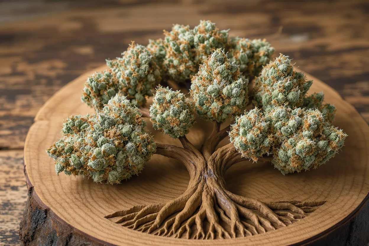 Artistic tree sculpture with cannabis buds as foliage on a wooden base.