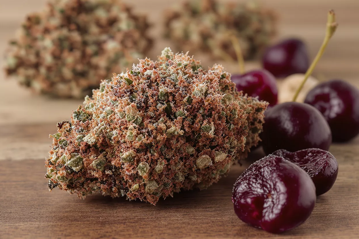 Close-up of a frosty cannabis bud with cherries on a wooden surface.