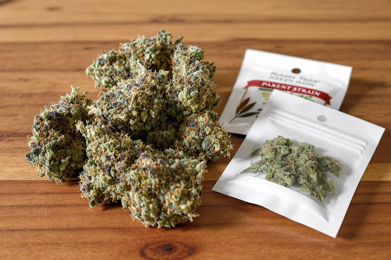 Close-up of cannabis buds on wood with two white packages, one open.