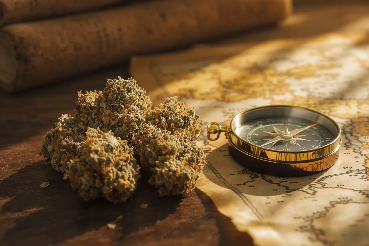 Cannabis buds, a vintage compass, and an old map on a wooden surface.