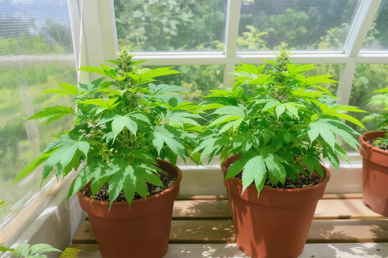 Two vibrant green cannabis plants in brown pots, budding in a sunny greenhouse.