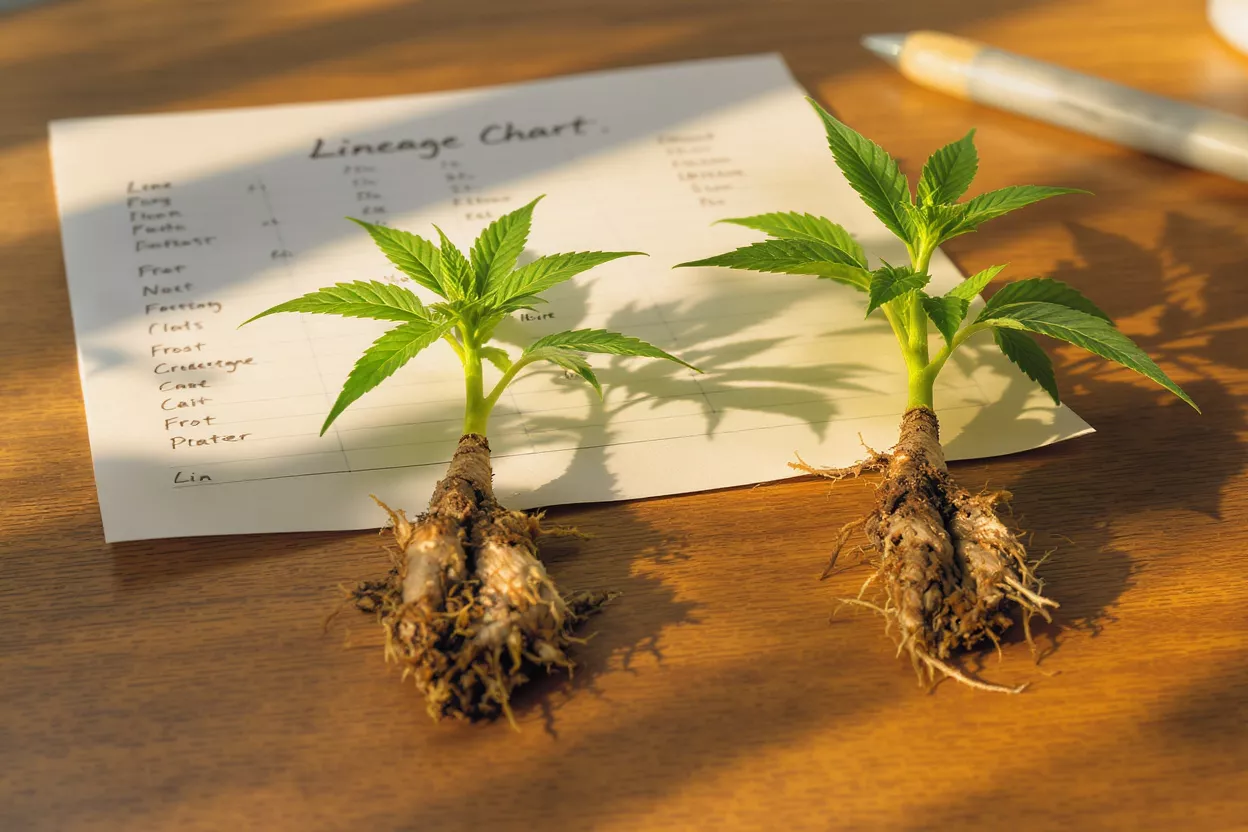 Two cannabis clones with exposed roots on a wooden table next to a lineage chart.