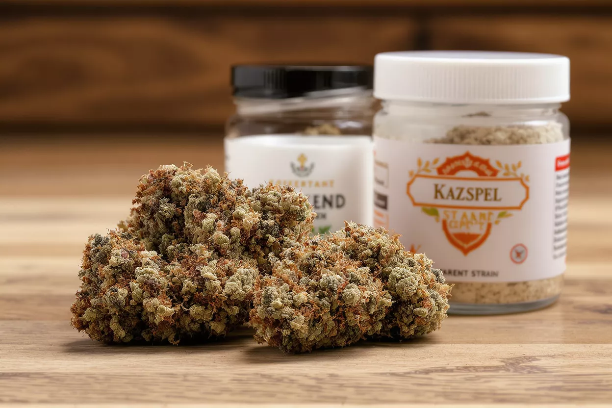 Close-up of cannabis flower buds with two product jars in the background.