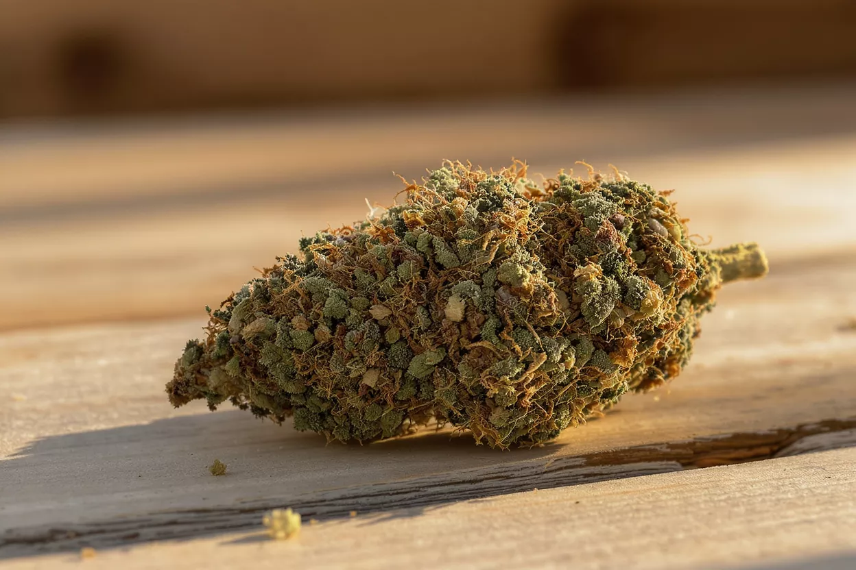 Cogollo de cannabis sobre madera Primer plano de un cogollo de cannabis con tonos verdes y naranjas sobre una superficie de madera.