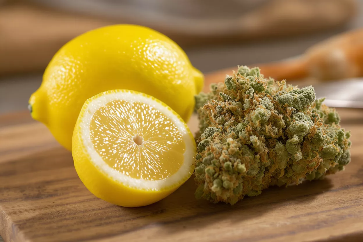 A whole lemon, a half lemon, and a cannabis bud on a wooden board.