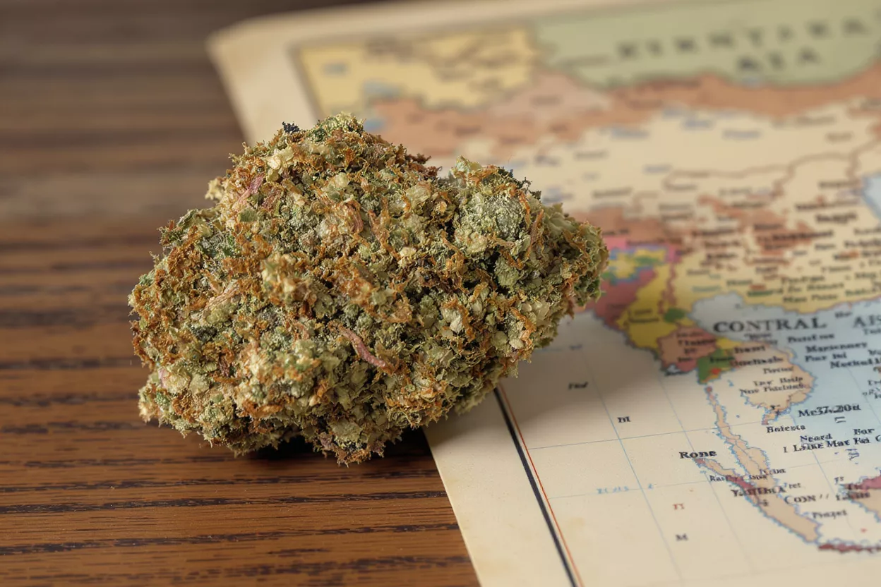 Close-up of a cannabis bud with an old map of Africa in the background.